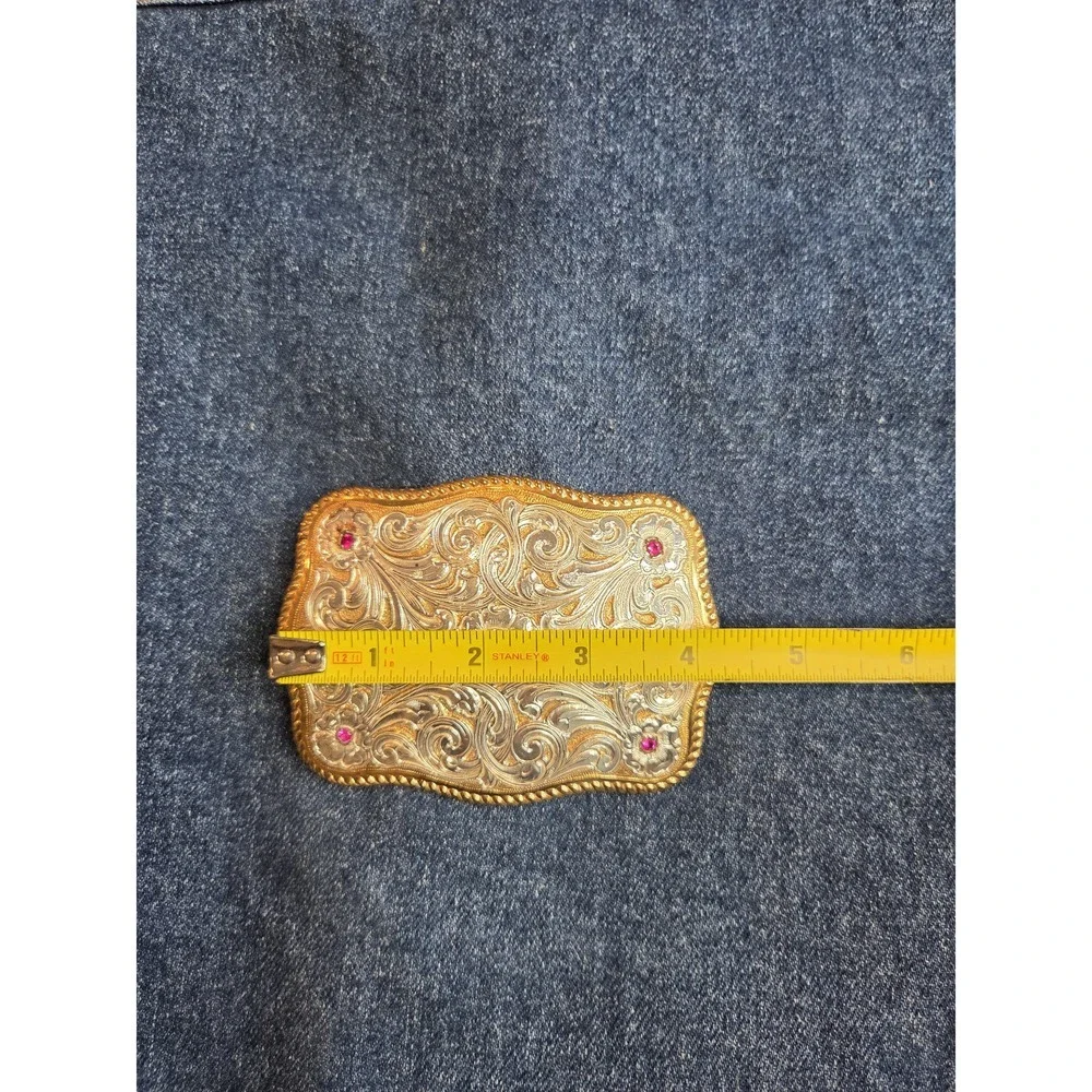 Vintage Crumrine Large Silver Gold Belt Buckle Ruby Stones Western Rodeo